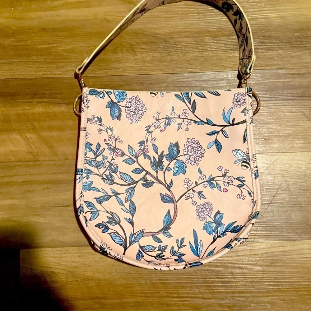 Ahdorned Bee Floral Hobo Shoulder Bag with Pouch Pinkish Peach GoldTone EUC